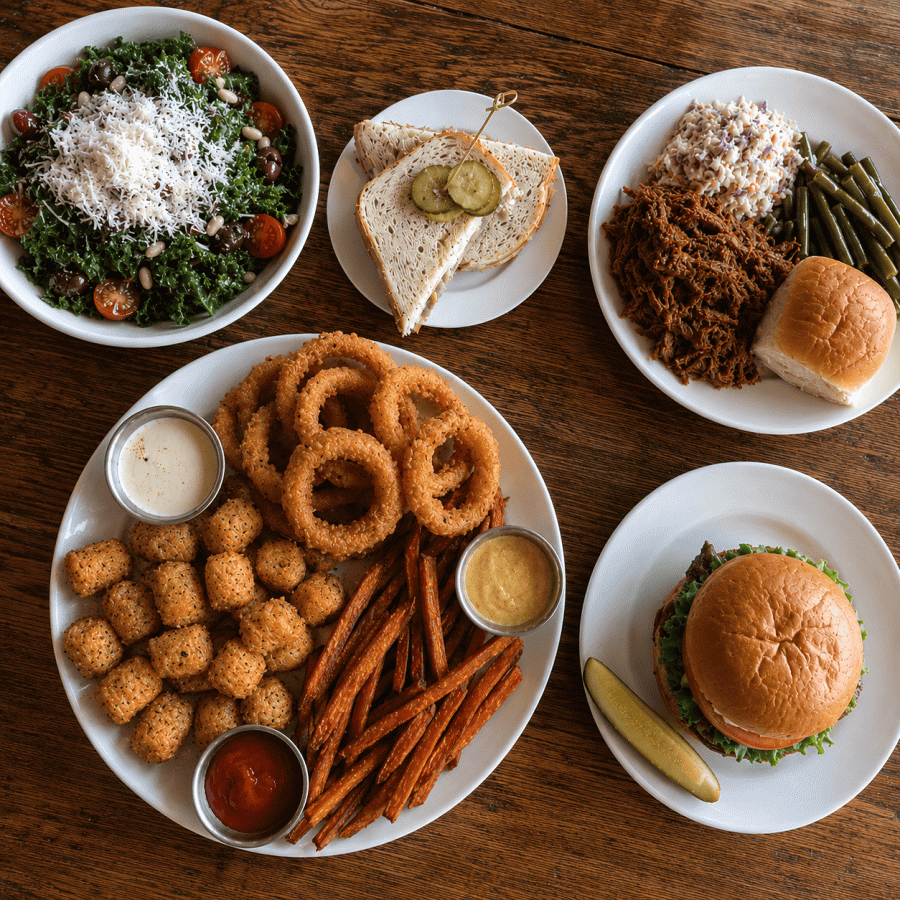 overview shot of plates of food