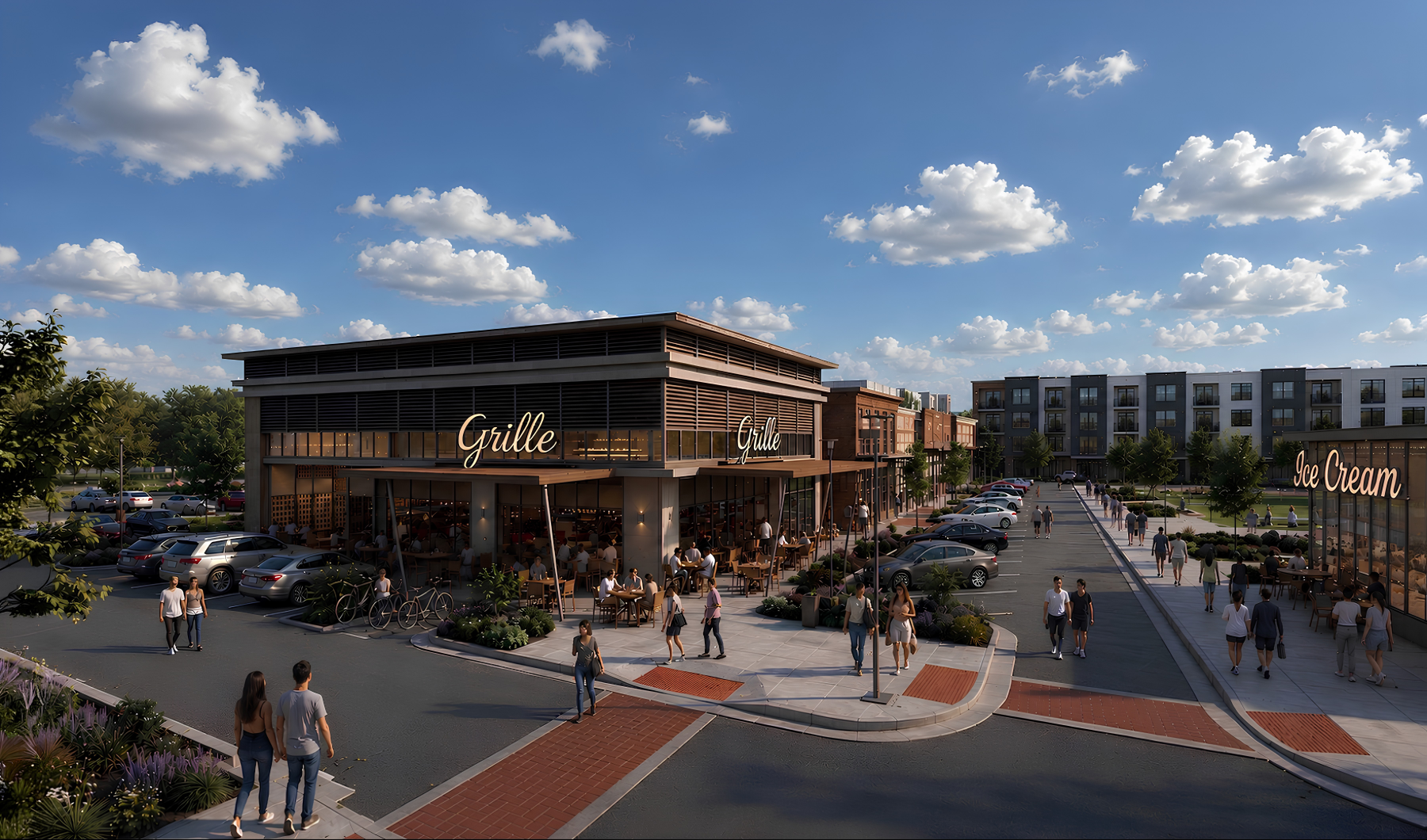 Rivergate retail shopping center with stores and people walking around
